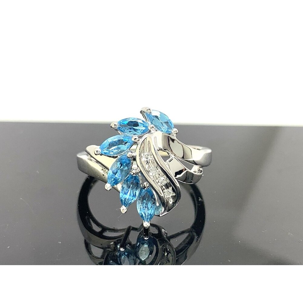 Blue Gemstone Diamond Cocktail Ring 10k White Gold Estate Jewelry Women's Size 7